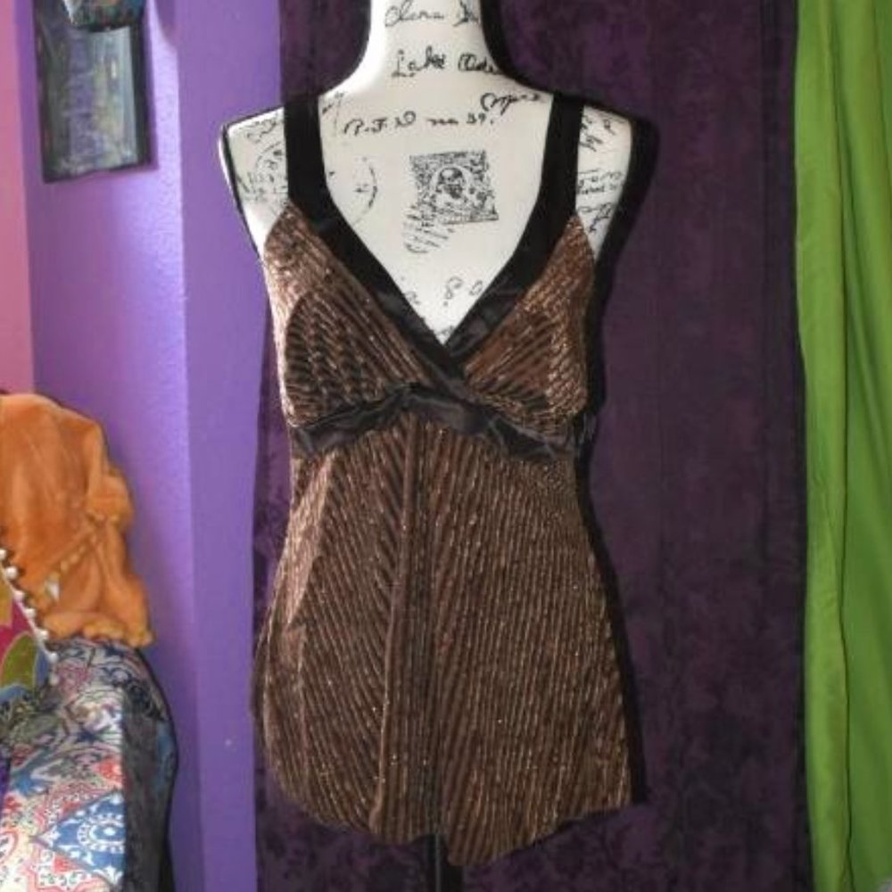 Dressy Glitter Sparkle Tank Top M/L Blouse Ribbed Satin Trim Empire Sweetheart